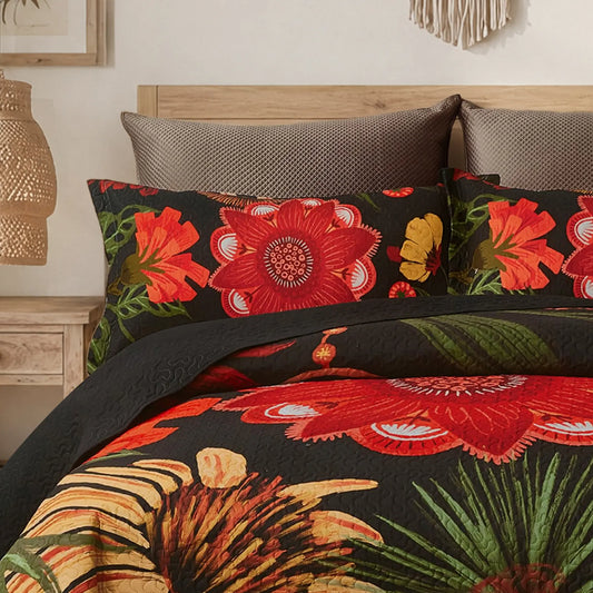 Tyrot Bohemian 3-Piece Quilt Bedding Set with 2 Shams - Botanical Comforter Coverlet Soft Breathable Lightweight All-Season Black Bedspread Cozy Autumn Fall Room Decor
