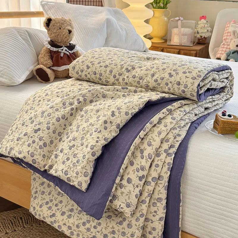 Cooling Quilt - Ultra-Breathable, Soft, Flat Weave Cotton Summer Comforter, 150cmx200cm/59inx79in Floral Garden Print Lightweight Blanket, Machine Washable, Office-Ready Cool, USA Stock, 24hr Ship