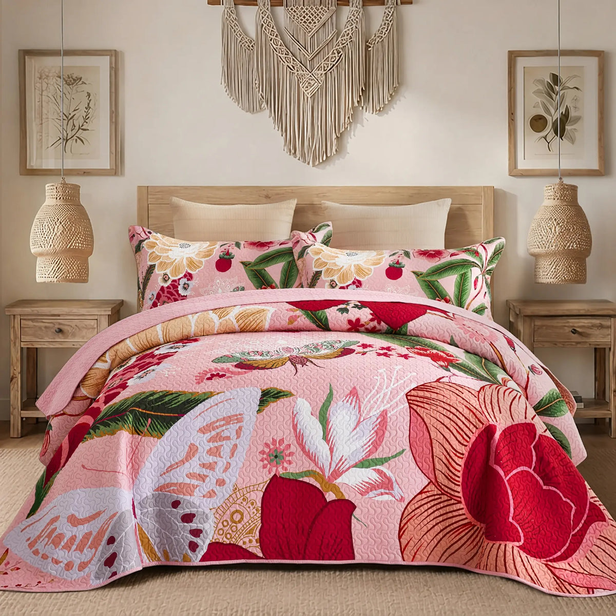 Tyrot 3-Piece Queen/King Fit Bohemian Quilt Comforter Set - Set Includes Wrinkle-Resistant Microfiber Coverlet, 2x20"x26" Shams, Farmhouse Botanical Mid-Century Leaves, Reversible Breathable Fade-Proof All-Seasons Black Bedding (Queen Size)