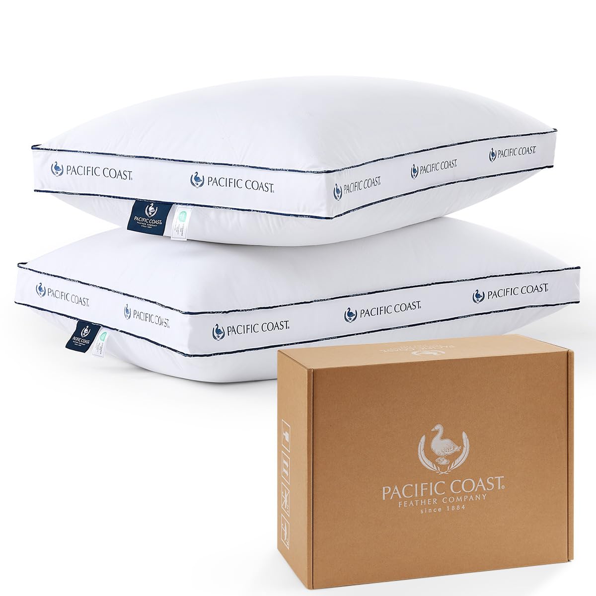 Pacific Coast Goose Feather and Down Firm Pillows King Size Set of 2, Bed Pillows for Side and Back Sleepers, Supportive Gusseted Hotel Collection Pillow with 100% Cotton Shell