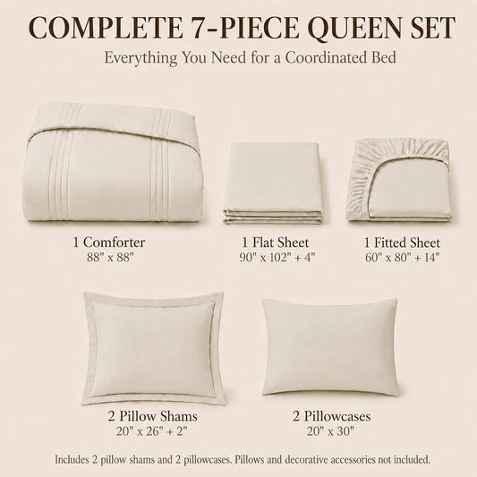 CozyLux Queen Comforter Set Beige - 7 Pieces Vertical Quilted Bed in a Bag