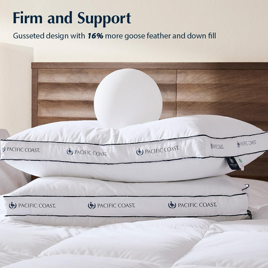 Pacific Coast Goose Feather and Down Firm Pillows King Size Set of 2, Bed Pillows for Side and Back Sleepers, Supportive Gusseted Hotel Collection Pillow with 100% Cotton Shell