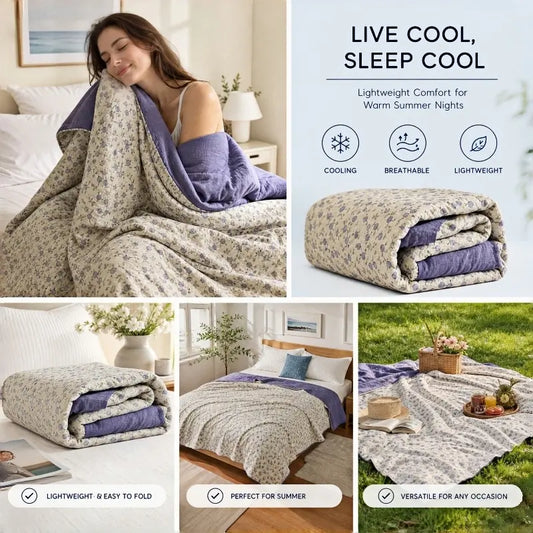Cooling Quilt - Ultra-Breathable, Soft, Flat Weave Cotton Summer Comforter, 150cmx200cm/59inx79in Floral Garden Print Lightweight Blanket, Machine Washable, Office-Ready Cool, USA Stock, 24hr Ship