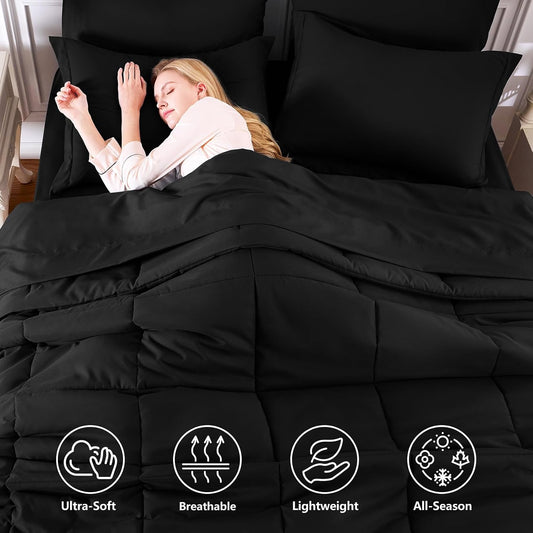 CozyLux Queen Comforter Set, 7-Piece Bed in a Bag, Black