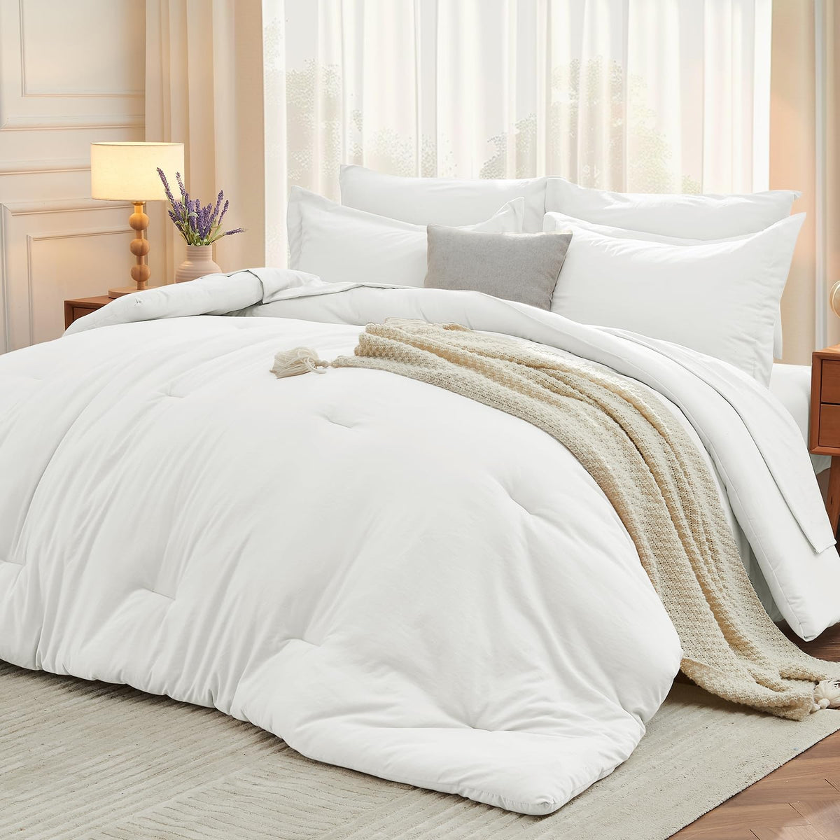 MUXHOMO Queen Comforter Set 7 Pieces, Soft Bed in a Bag, Beige