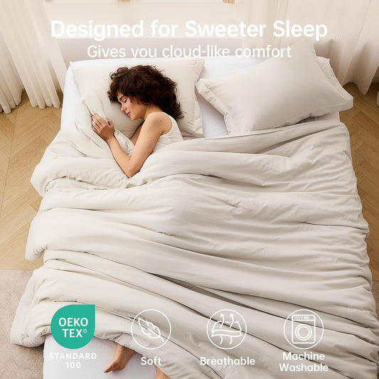 MUXHOMO Queen Comforter Set, 3-Piece All-Season Bedding, Beige
