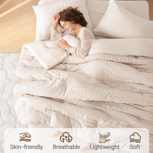 MUXHOMO Queen Comforter Set 7 Pieces, Seersucker Bed in a Bag, Beige