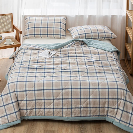 NTCOCO Summer Lightweight Comforter Set,Thin Quilt,100% Washed Cotton,Machine Washable,Soft Comfy Breathable Can Sleep Naked(Queen,Light Blue Grid