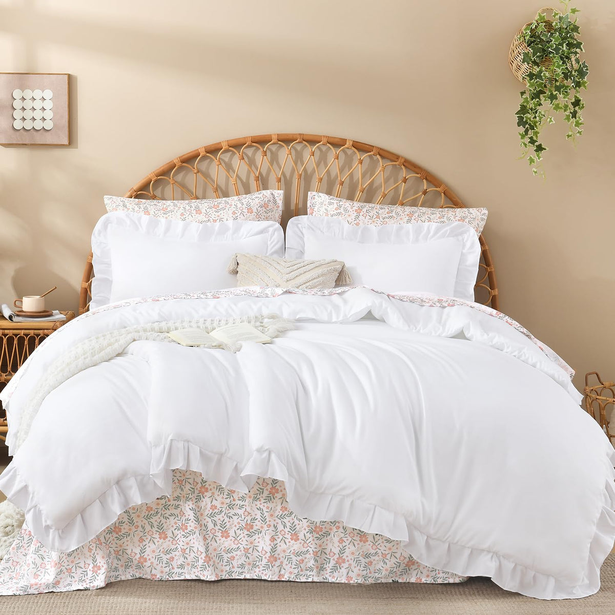 Litanika 7Pcs Full Ruffled Sage Green Comforter Set with Floral Sheets