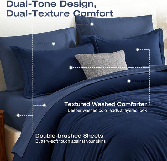 Sasttie Navy Blue Queen Comforter Set 7-Piece, Pre-Washed Bed in a Bag