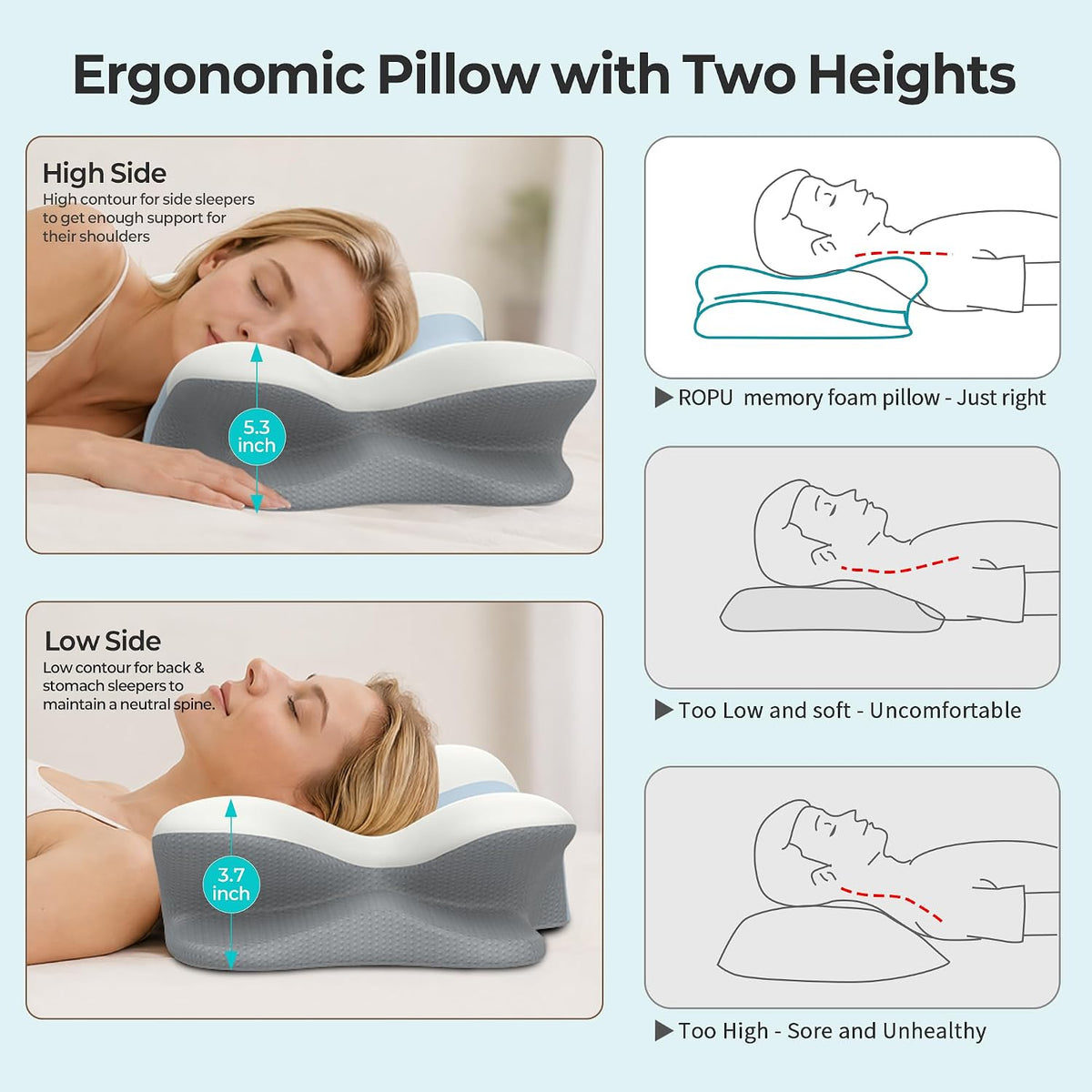 Cervical Neck Pillow - Contour Memory Foam Pillows for Pain Relief
