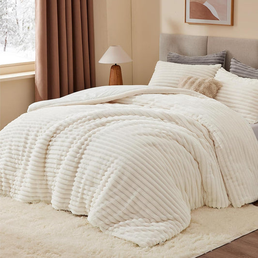 BEDELITE Fleece Queen Comforter Set, Fluffy Bed Set, Cream White