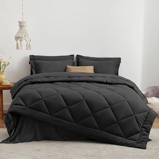Love's cabin Queen Comforter Set Black, 7 Pieces Queen Bed in a Bag, All Season Bedding Sets with 1 Comforter, 1 Flat Sheet, 1 Fitted Sheet, 2 Pillowcase and 2 Pillow Sham