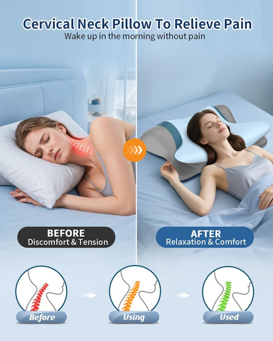 Cervical Pillow for Neck Pain Relief, Ergonomic Neck Pillow for Sleeping, Orthopedic Side Sleeper Pillow for Neck Support, Cooling Memory Foam Pillows Contour Pillow for Back Stomach Sleepers (Blue)