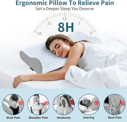Cervical Pillow for Neck Pain Relief, Contour Memory Foam Pillows for Sleeping, Ergonomic Pillow Cooling Pillow Bed Pillow Neck Support for Side Back Stomach Sleepers (Blue & Grey)