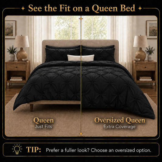 CozyLux Queen Comforter Set Black, 7 Pieces Pintuck Bed in a Bag