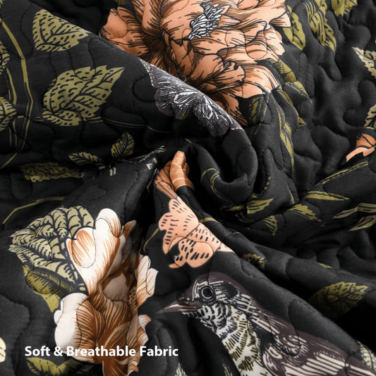 Litanika Floral Black Quilt Queen - 3Pcs Summer Boho Bedding Set