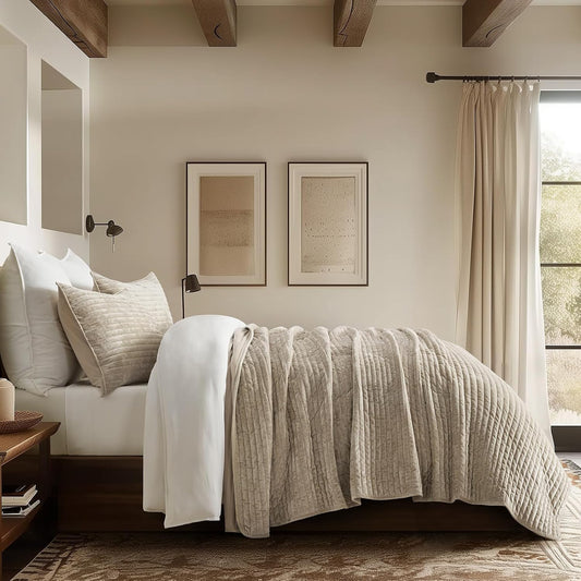 EverGrace Stripe Channel Luxury Velvet Quilt Set King Size, Beige Taupe