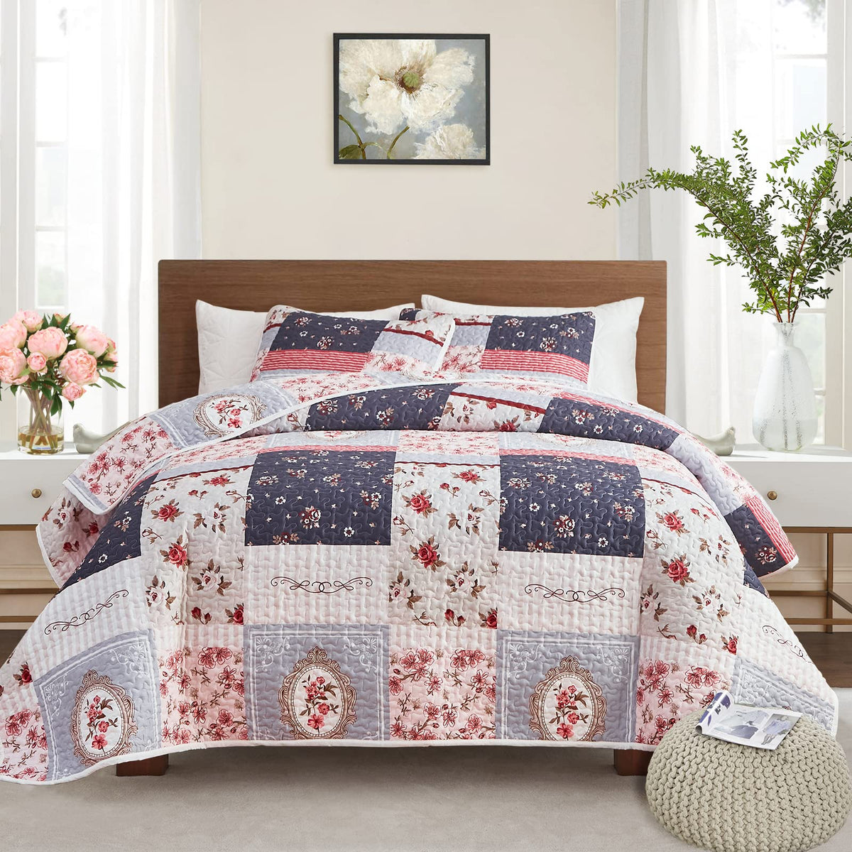 Patchwork Quilt Set Full/Queen Size, 3 Pieces Green Floral Plaid Summer Bedspread Coverlet Set, Soft Microfiber Reversible Lightweight Bed Cover for All Season (90" x 90", 1 Quilt+ 2 Pillow Shams)