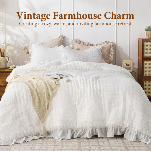 JOLLYVOGUE White Comforters Queen Size, 3 Pieces Ruffle Seersucker Queen Comforter Set for All Season, Lightweight Soft Shabby Chic Bedding Sets for Women(1 Comforter, 2 Pillowshams)