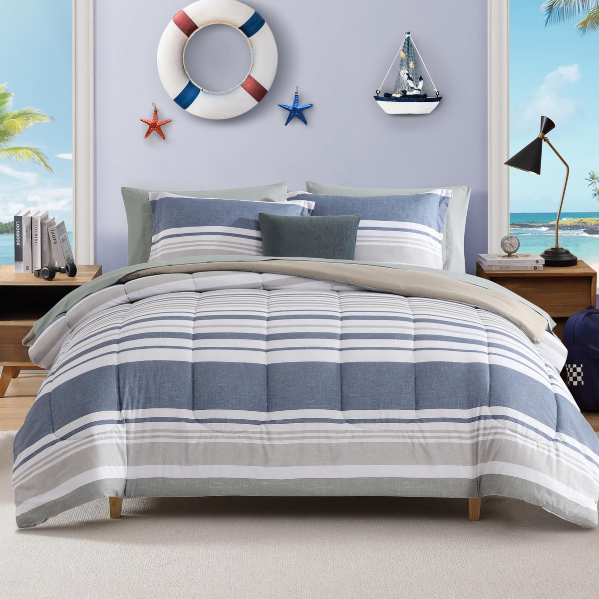 Plaid Full Size Comforter Set Blue Grey 7 Pieces Farmhouse Bed in a Bag