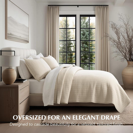 EverGrace 100% Cotton Modern Grid Stitch Quilt Set, King Size, Birch