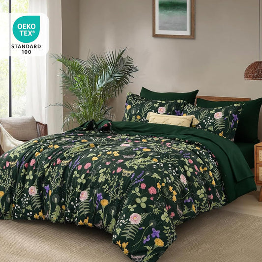 Yiran Queen Comforter Set 7 Piece, Dark Green Floral Bedding Bed in a Bag