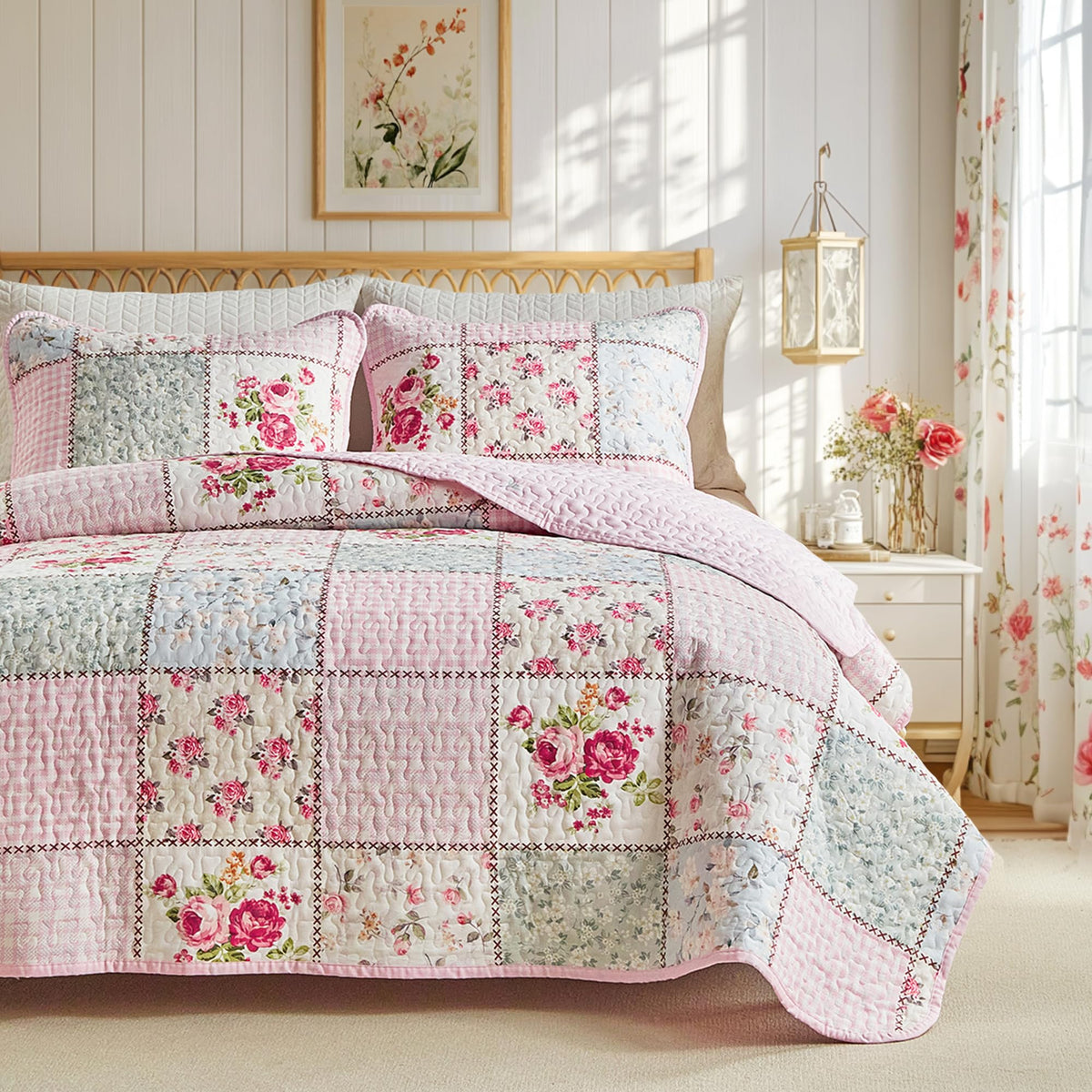 Joyreap Floral Cotton Quilt Set, Pink Aqua Flowers Grid Patchwork Design for Spring, 3 Pieces Queen Size Quilt Bedding Set, Soft n Cozy Bedspread Bed Cover for All Season- 90x90 inches