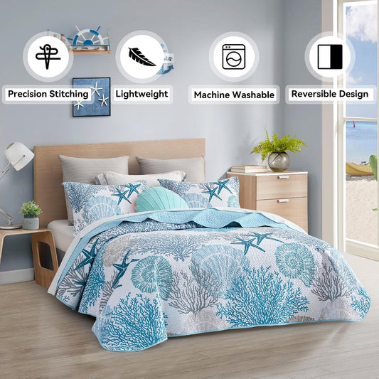Tritard 3 Piece Coastal Quilt Sets Full/Queen Size Bedding Set, Blue