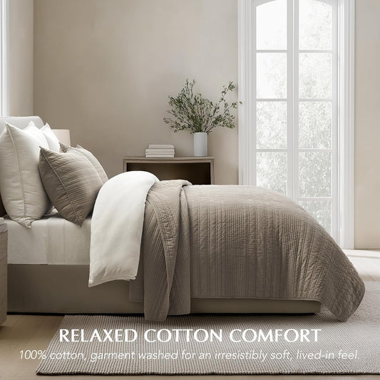 EVERGRACEHOME 100% Cotton Modern Lines Quilt Set King Size, Stone Taupe
