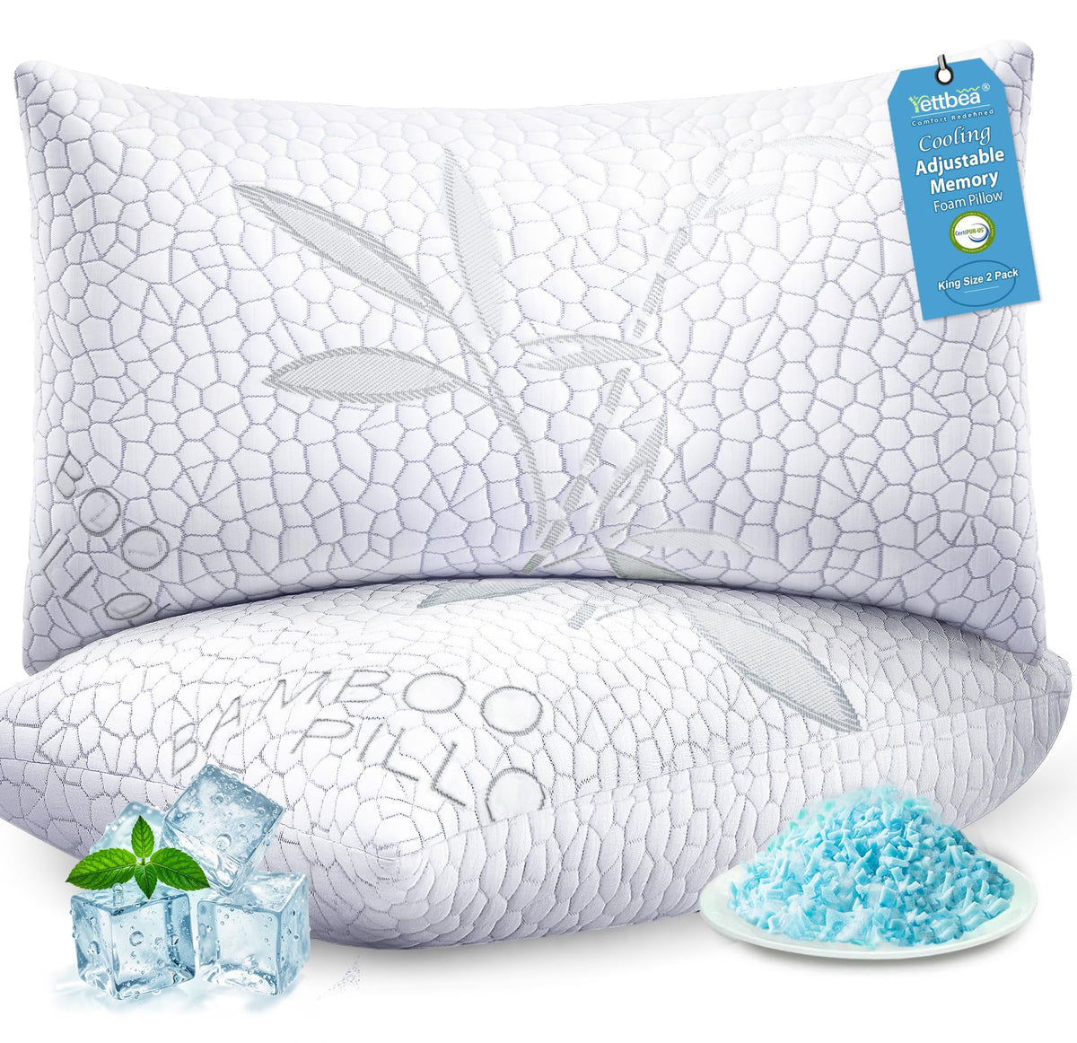 Yettbea Bamboo Cooling Shredded Memory Foam Bed Pillows Queen Size Set of 2