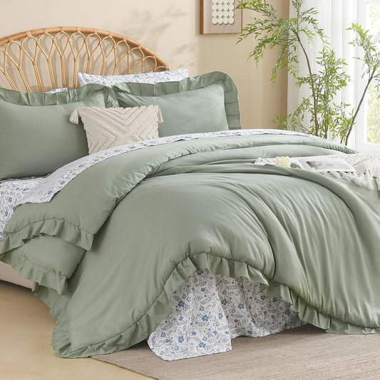 Litanika 7Pcs Full Ruffled Sage Green Comforter Set with Floral Sheets