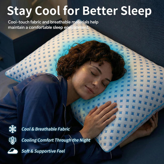 Pillows Queen Size Set of 2 for Sleeping, Cooling Adjustable Memory Foam Pillows, Dual Fill Design Helps Maintain Shape, Breathable Washable Cover