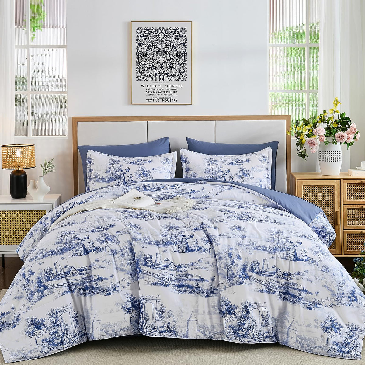 WONGS BEDDING Blue Queen Comforter Set, 7 Pieces Bed in a Bag French Toile Comforter with Sheets, Soft Lightweight Microfiber Botanical Complete Queen Size Bedding Set for All Season