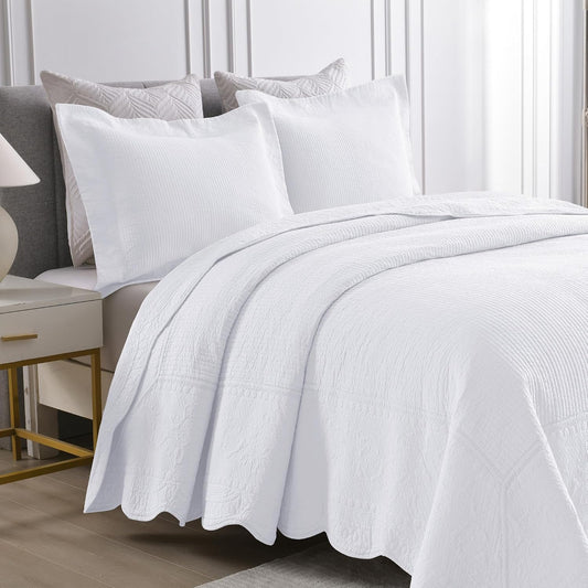 MarCielo 3-Piece 100% Cotton Oversized Bedspread Lightweight Quilt Coverlet Embroidery Farmhouse Bedding Set (TG Bright White, Oversized King (118"x106"))