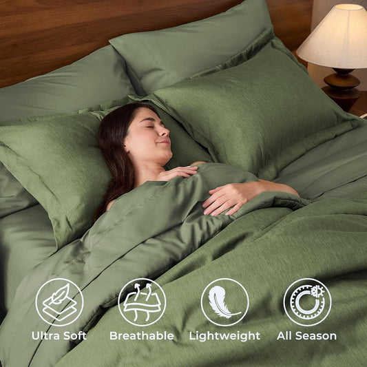 JOLLYVOGUE Queen Comforter Set 7 Pieces Dark Green, Cationic Dyeing Bed in a Bag Queen, Double-Tone Bedding Set with Down Alternative Comforter, Sheets, Pillowcases & Shams