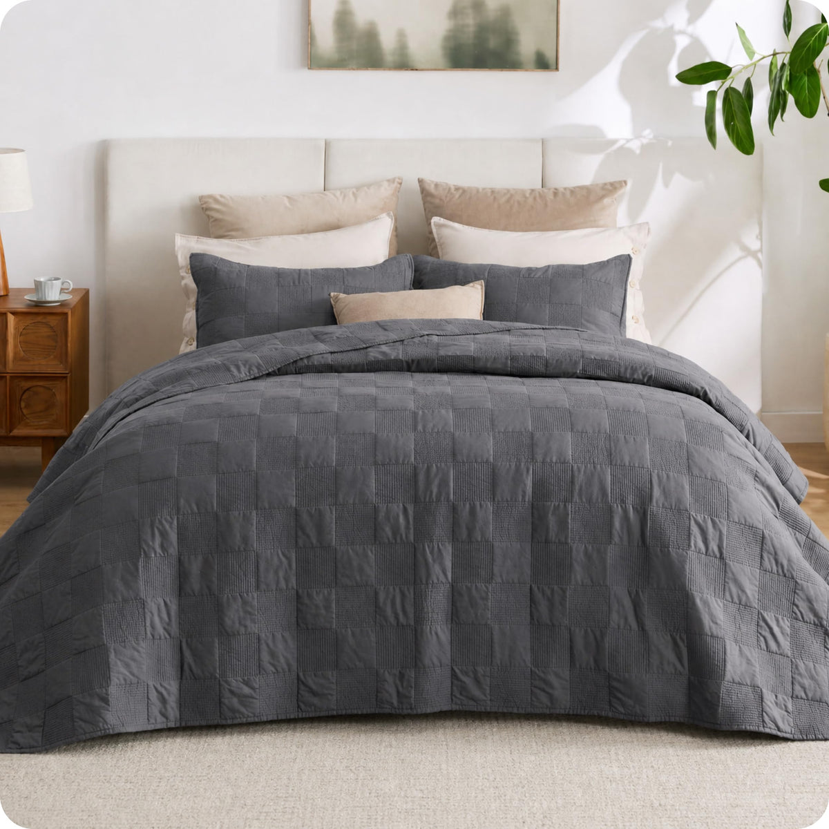 Bedsure PureWoven 100% Cotton Quilt Set Queen Size, Embroidery, Linen Beige