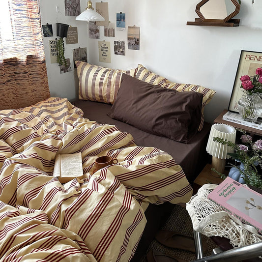 mixinni Retro Striped Duvet Cover Set Queen - 100% Natural Cotton 3-Piece Vintage Red Stripes Pattern Printed Bedding Set, Soft Breathable Comforter Cover with Zipper Closure & Corner Ties, Queen Size