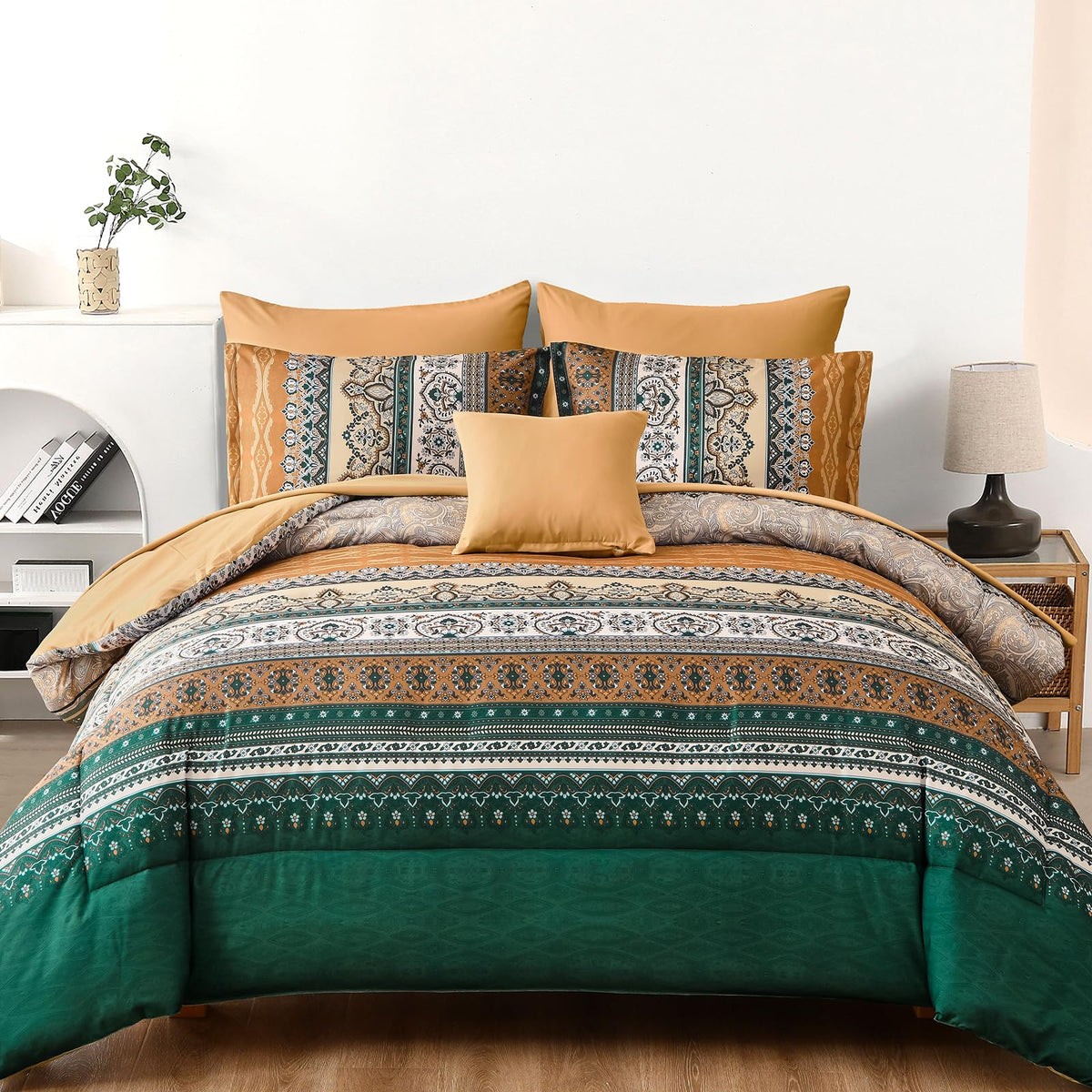 Cottolester Boho Comforter Set Queen Size 8 Piece Bed in a Bag Bohemian Striped Bedding Quilt Set Aqua Paisley Floral Comforter and Sheet Set,Soft Microfiber Complete Bedding Sets for All Season