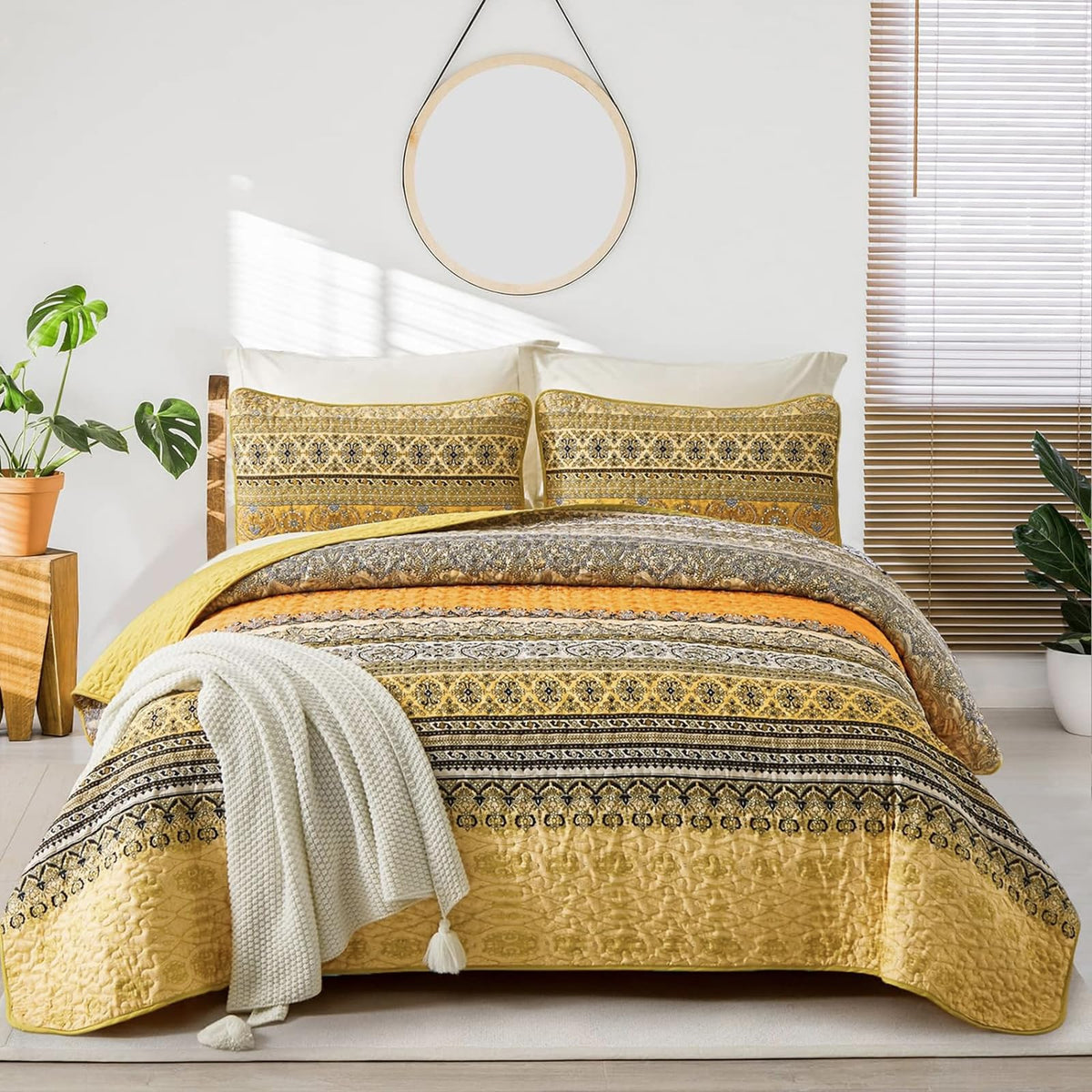 WONGS BEDDING Boho King Quilt Bedding Set, 3 Pieces Soft Bedspread,Blue