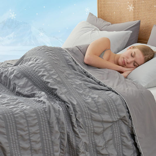Cozy Bliss Seersucker Cooling Comforter Queen Size, Q-Max 0.45 Reversible Lightweight Cooling Blanket, Breathable Silk Smooth Summer Bedding Quilt for Hot Sleepers Night Sweats Dark Grey