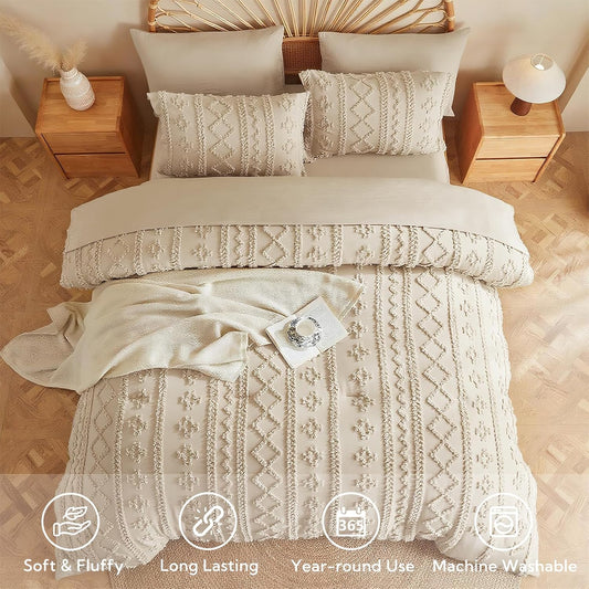 MR&HM Queen Comforter Set 7 Pieces, Fluffy Tufted Boho Beddding Set Beige