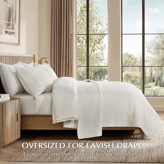 EVERGRACEHOME Cotton Sateen Channel Quilt Set, King Size, Bright White