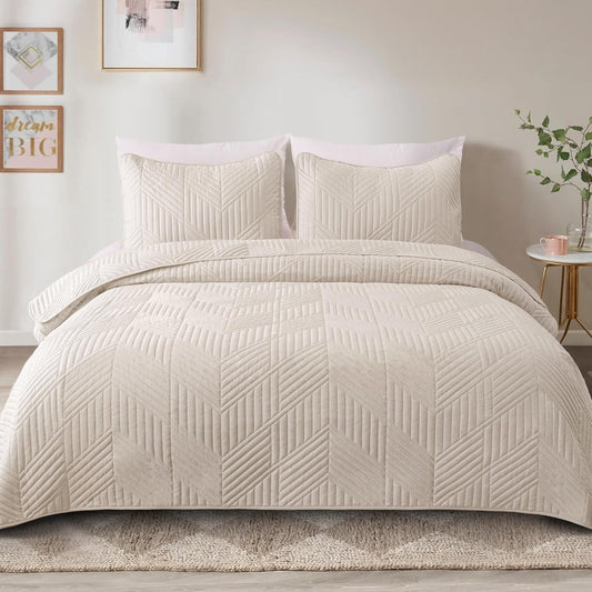 Exclusivo Mezcla Ultrasonic King Quilt Bedding Set, Beige Cream