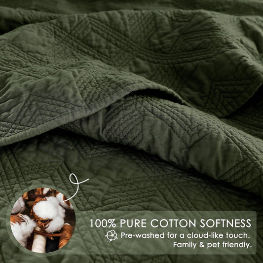 WDCOZY 100% Cotton Queen Size Quilt Set - Olive Green Pre-Washed Soft Lightweight Modern Bedspread, Farmhouse Country Rustic Coverlet, Textured Like Linen, Shabby Chic Gauze Bedding, 3 Pieces
