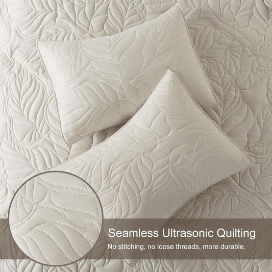 R.SHARE Beige Queen Size Quilt Set, Neutral Soft Lightweight Bedspread, Farmhouse Rustic Country Coverlet, Leaf Pattern Bedding with 2 Shams, 3 Pieces Spring Summer Thin Comforter