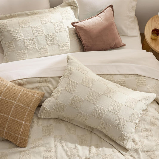 Bedsure Comforters Queen Set Boho, Vintage Plaid Bedding Set Beige 3 Pcs