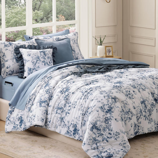 BLOOMHAVEN Queen Comforter Set-7 Pieces Blue Floral Bed in a Bag Queen