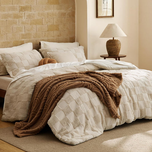 Bedsure King Size Comforter Set Boho, Vintage Plaid Bedding Set Beige 3 Pcs