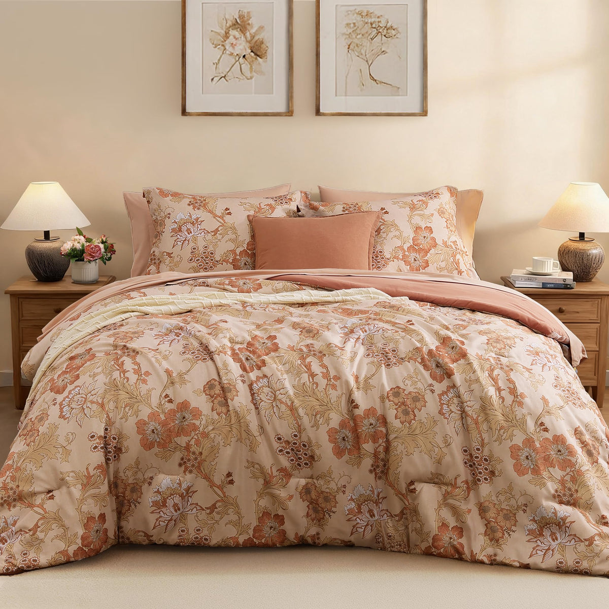 BLOOMHAVEN Queen Comforter Set-7 Pieces Blue Floral Bed in a Bag Queen